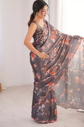 multicolor digital printed designer chinon saree with blouse