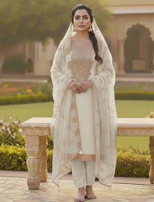 Off white color chanderi butti fabric beautiful embroidered suit 1