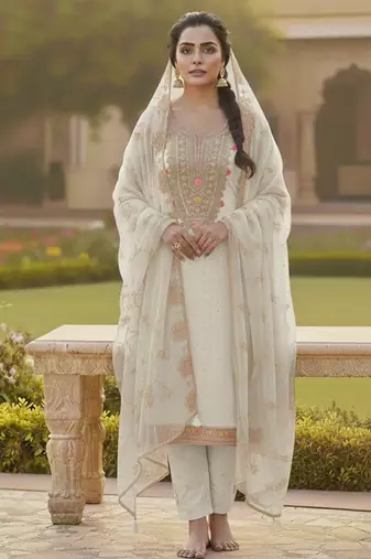 Off white color chanderi butti fabric beautiful embroidered suit