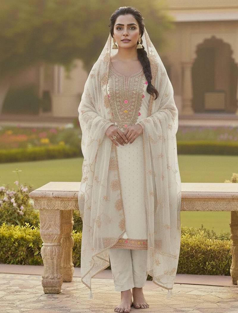 Off white color chanderi butti fabric beautiful embroidered suit