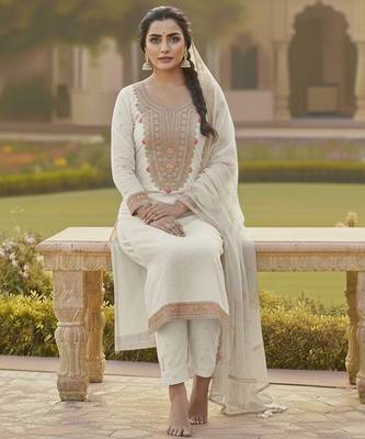 Off white color chanderi butti fabric beautiful embroidered suit 2