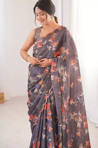 multicolor digital printed designer chinon saree with blouse