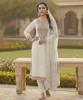 Off white color chanderi butti fabric beautiful embroidered suit 3