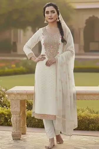 Off white color chanderi butti fabric beautiful embroidered suit