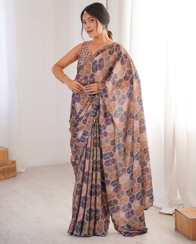 women   s geometric printed chinon saree with blouse