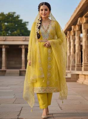 Mustard color chanderi butti fabric beautiful embroidered suit 1