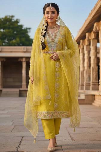 Mustard color chanderi butti fabric beautiful embroidered suit