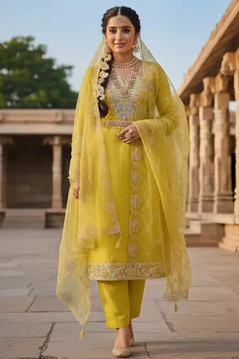 Mustard color chanderi butti fabric beautiful embroidered suit