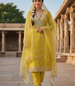 Mustard color chanderi butti fabric beautiful embroidered suit
