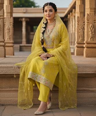 Mustard color chanderi butti fabric beautiful embroidered suit 2