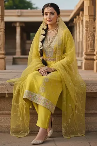 Mustard color chanderi butti fabric beautiful embroidered suit