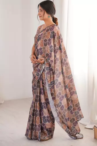 women   s geometric printed chinon saree with blouse