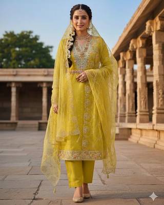 Mustard color chanderi butti fabric beautiful embroidered suit 3
