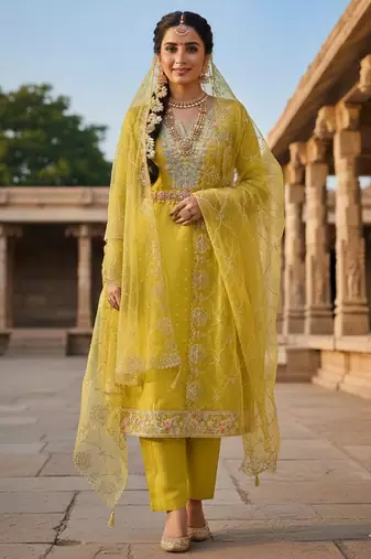 Mustard color chanderi butti fabric beautiful embroidered suit