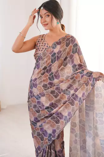 women   s geometric printed chinon saree with blouse