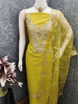 Mustard color chanderi butti fabric beautiful embroidered suit 4
