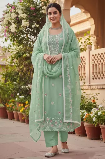 Green color glass cotton fabric embroidered ethnic salwar suit