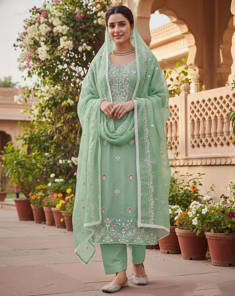 Green color glass cotton fabric embroidered ethnic salwar suit