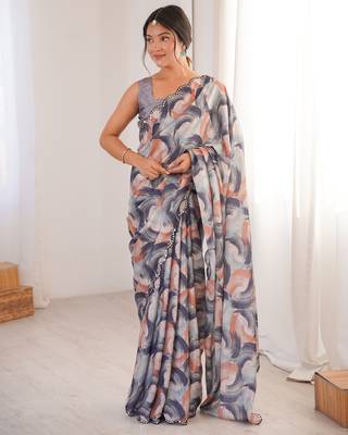 women   s multicolor chinon abstract print saree with blouse 1