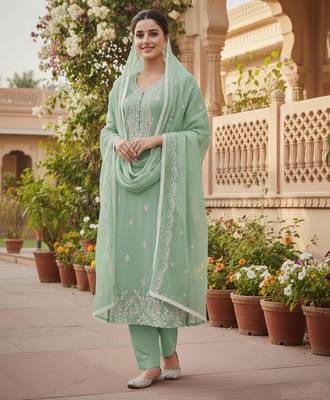 Green color glass cotton fabric embroidered ethnic salwar suit 2