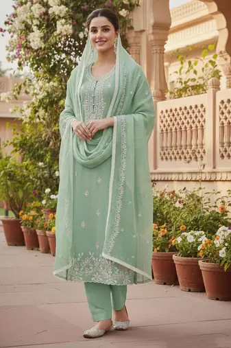 Green color glass cotton fabric embroidered ethnic salwar suit