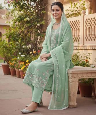 Green color glass cotton fabric embroidered ethnic salwar suit 3
