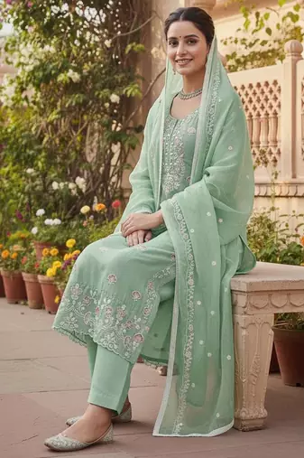 Green color glass cotton fabric embroidered ethnic salwar suit