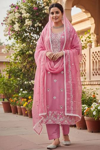 Pink color glass cotton fabric embroidered ethnic salwar suit