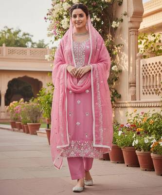 Pink color glass cotton fabric embroidered ethnic salwar suit 2