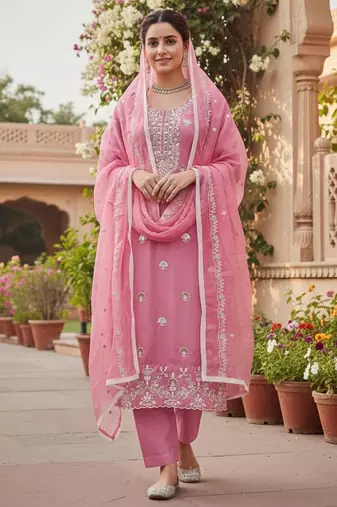 Pink color glass cotton fabric embroidered ethnic salwar suit