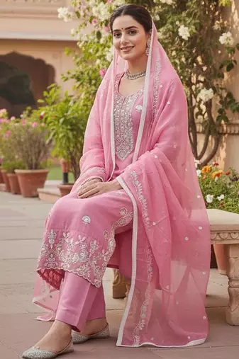 Pink color glass cotton fabric embroidered ethnic salwar suit
