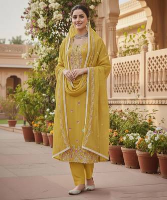 Yellow color glass cotton fabric embroidered ethnic salwar suit 1