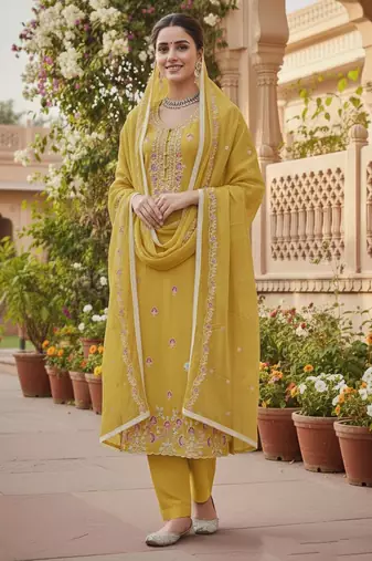 Yellow color glass cotton fabric embroidered ethnic salwar suit