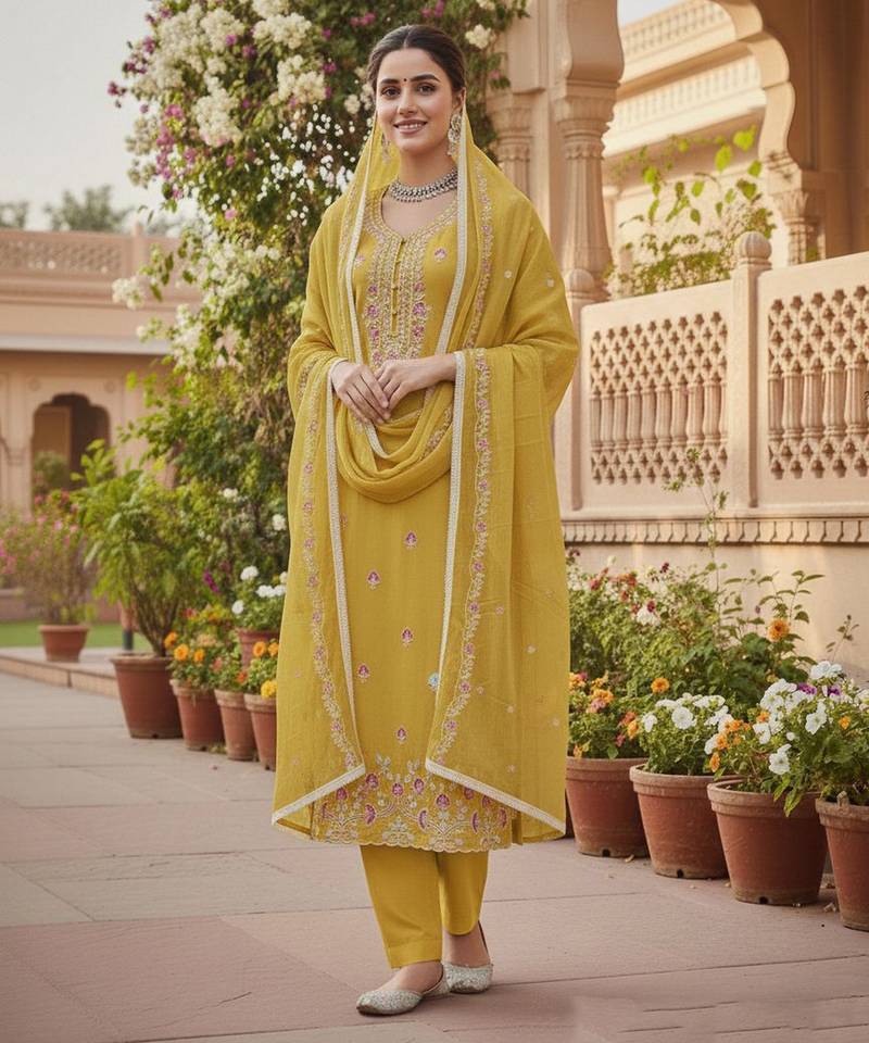 Yellow color glass cotton fabric embroidered ethnic salwar suit