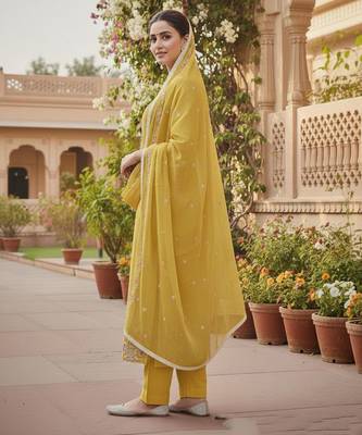 Yellow color glass cotton fabric embroidered ethnic salwar suit 2