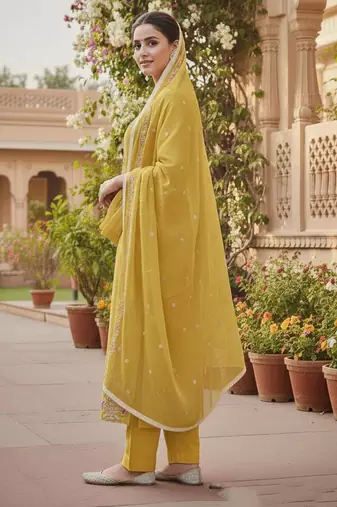 Yellow color glass cotton fabric embroidered ethnic salwar suit