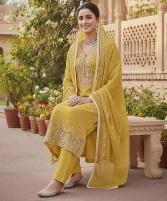 Yellow color glass cotton fabric embroidered ethnic salwar suit 3