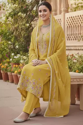 Yellow color glass cotton fabric embroidered ethnic salwar suit