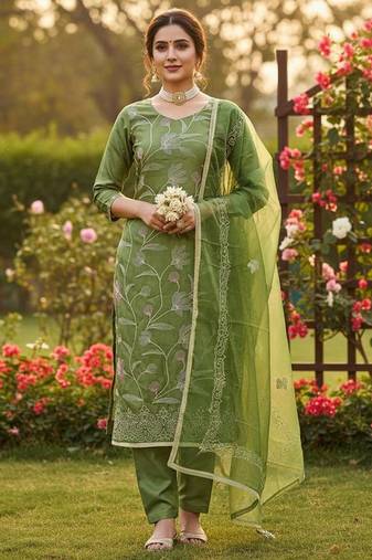 Green color glass cotton fabric embroidered ethnic salwar suit