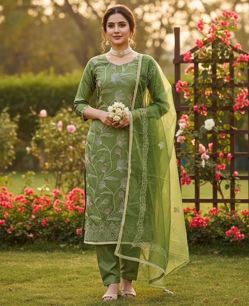 Green color glass cotton fabric embroidered ethnic salwar suit