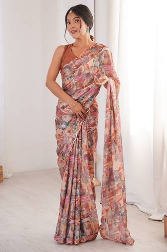women   s abstract print chinon saree with blouse