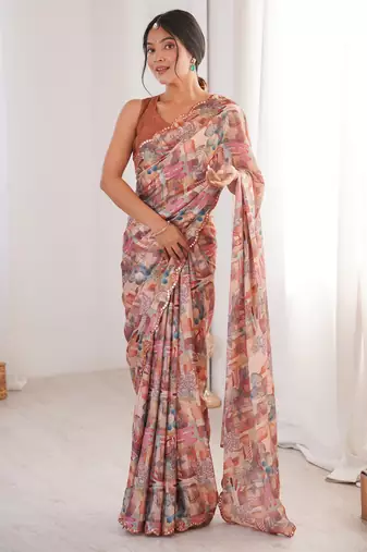 women   s abstract print chinon saree with blouse