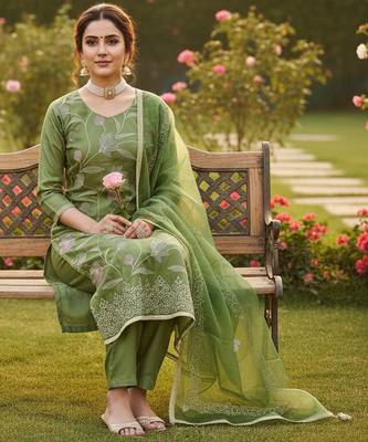 Green color glass cotton fabric embroidered ethnic salwar suit 2