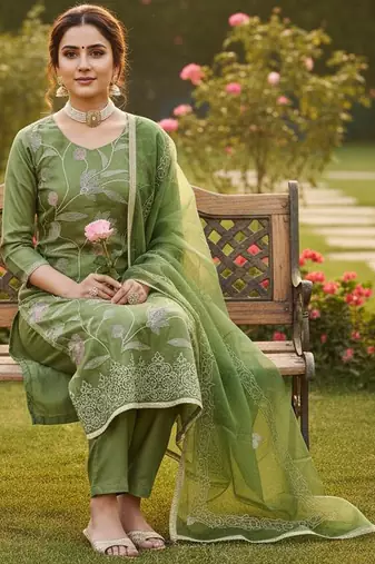 Green color glass cotton fabric embroidered ethnic salwar suit