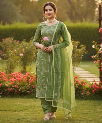 Green color glass cotton fabric embroidered ethnic salwar suit 3