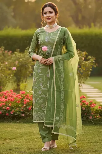Green color glass cotton fabric embroidered ethnic salwar suit