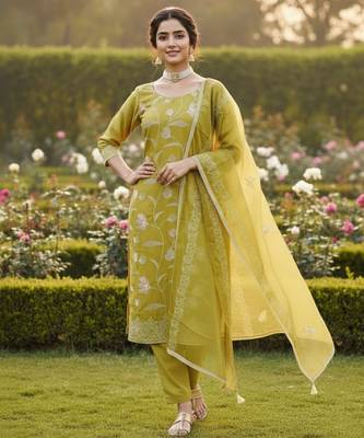 Mustard color glass cotton fabric embroidered ethnic salwar suit 1