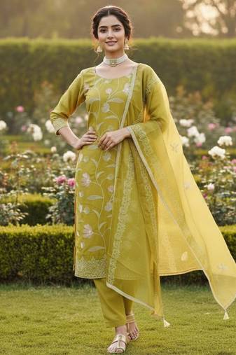 Mustard color glass cotton fabric embroidered ethnic salwar suit
