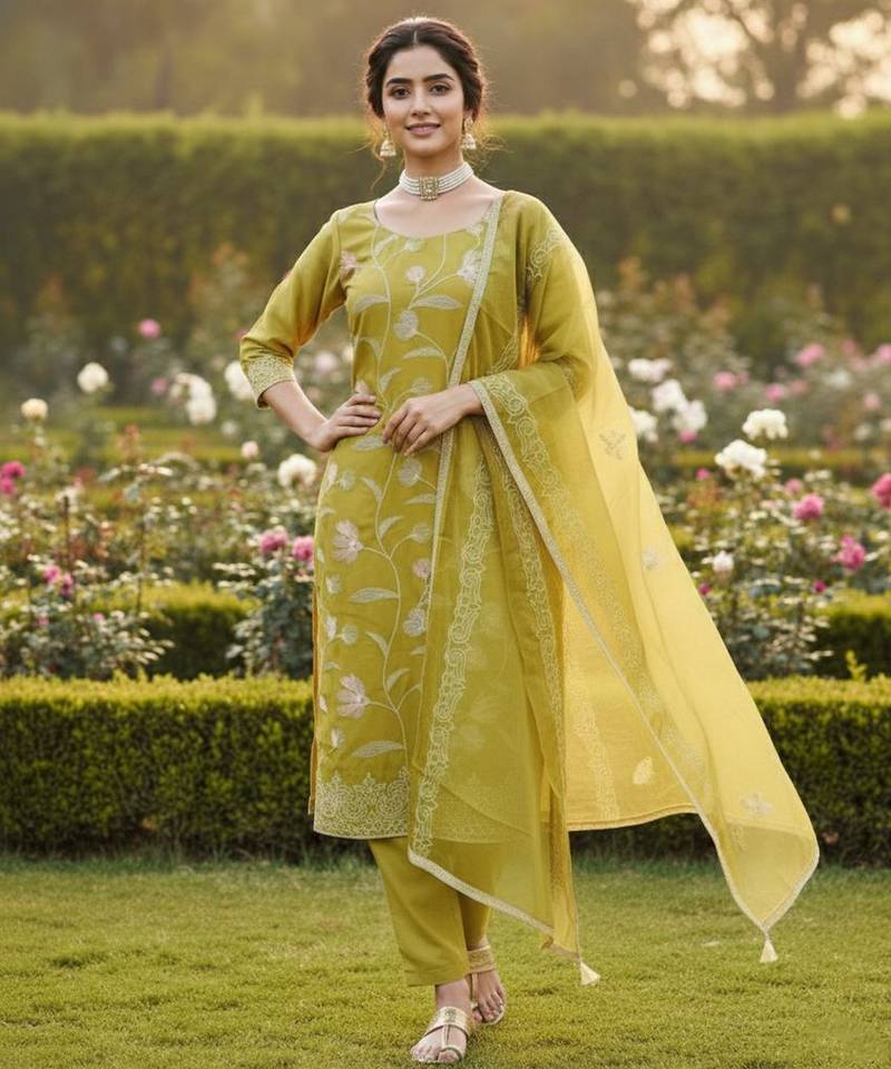 Mustard color glass cotton fabric embroidered ethnic salwar suit