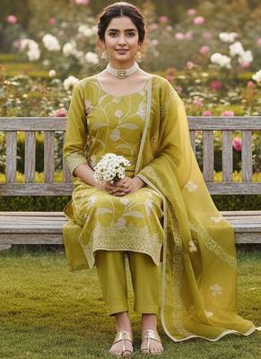 Mustard color glass cotton fabric embroidered ethnic salwar suit 2